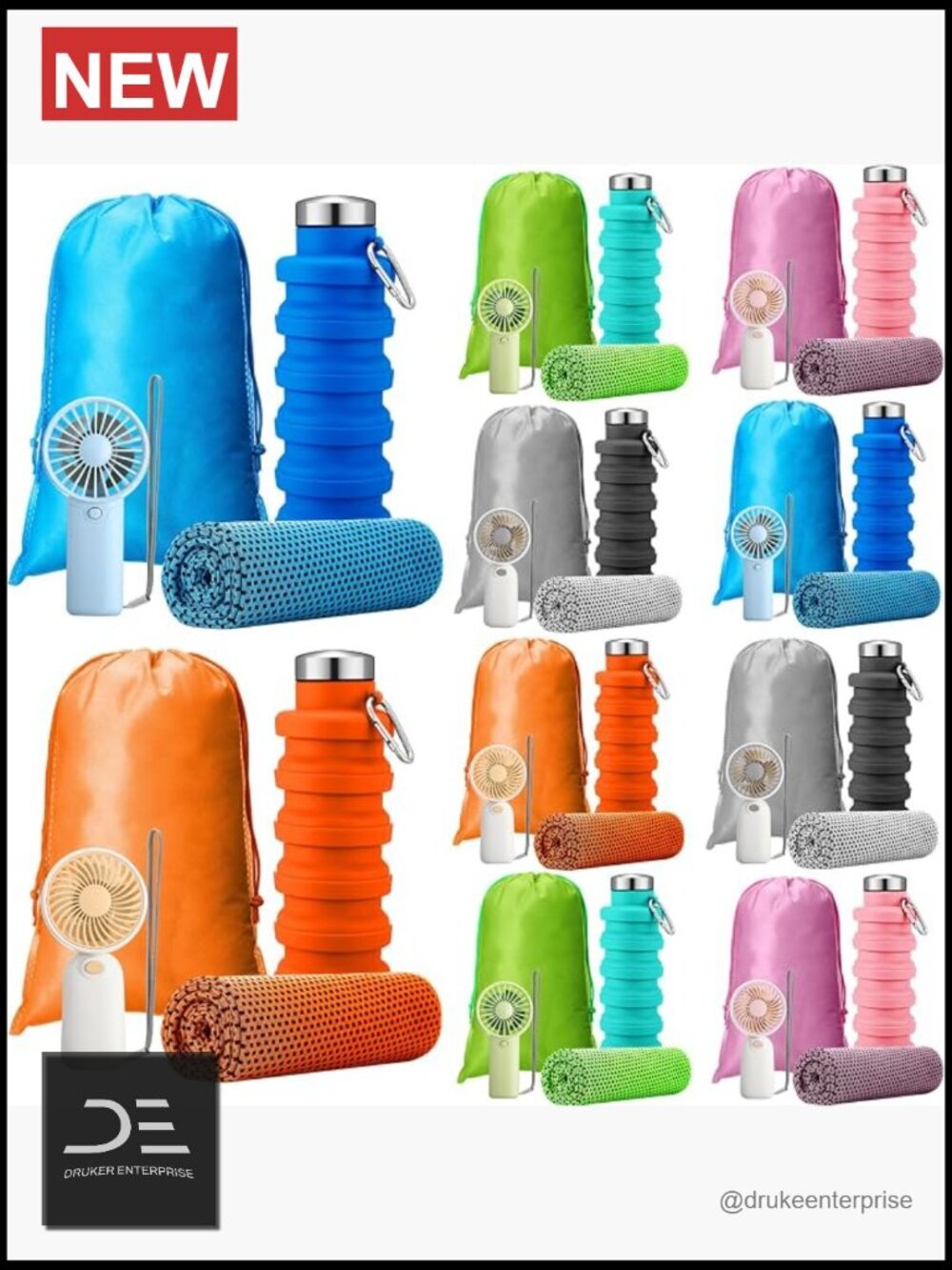10-Piece Travel Essentials Kit Collapsible Water Bottle Cooling Towel Mini Fan
